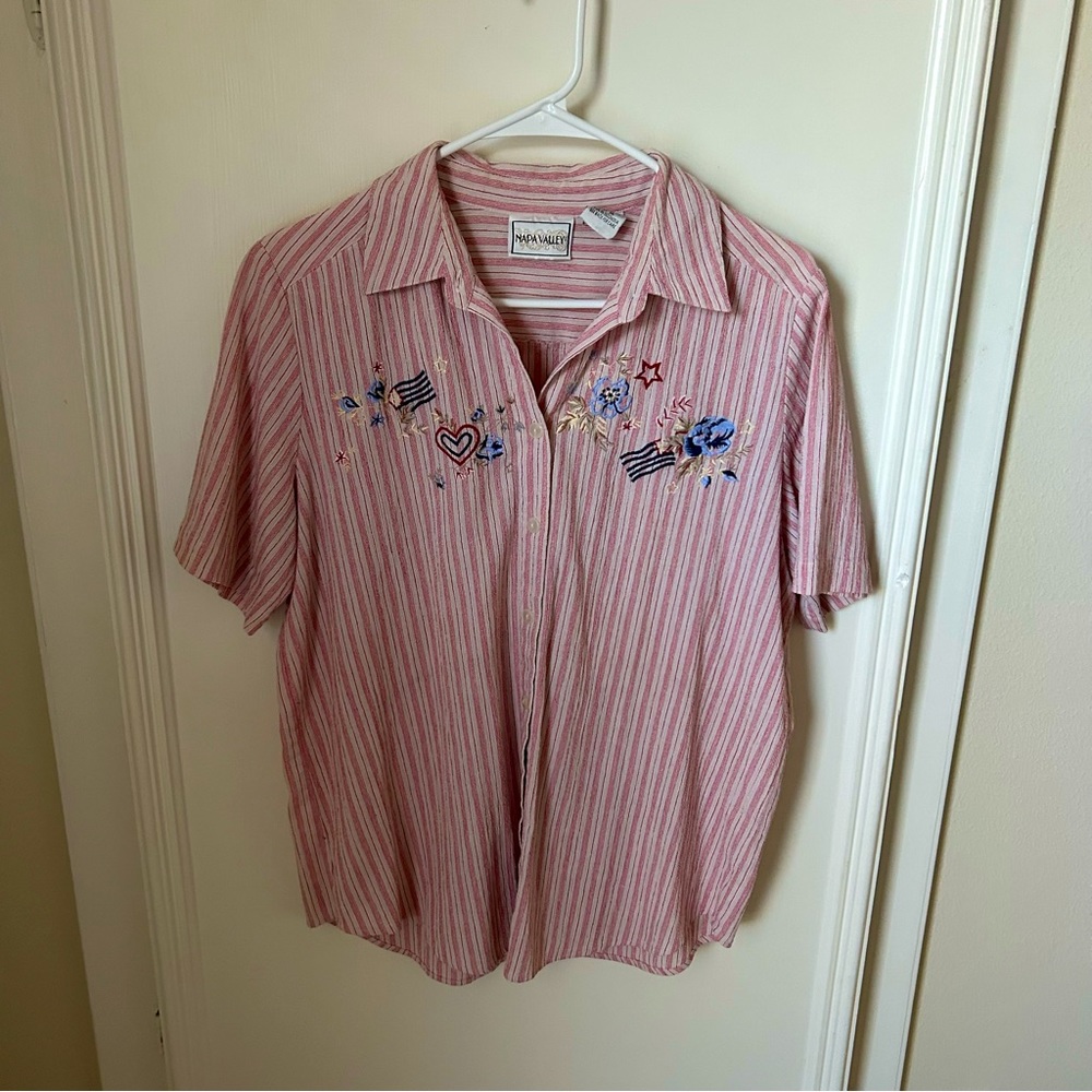 Vintage Napa Valley Americana Button Up Shirt Blouse Medium M Stripes Embroidery
